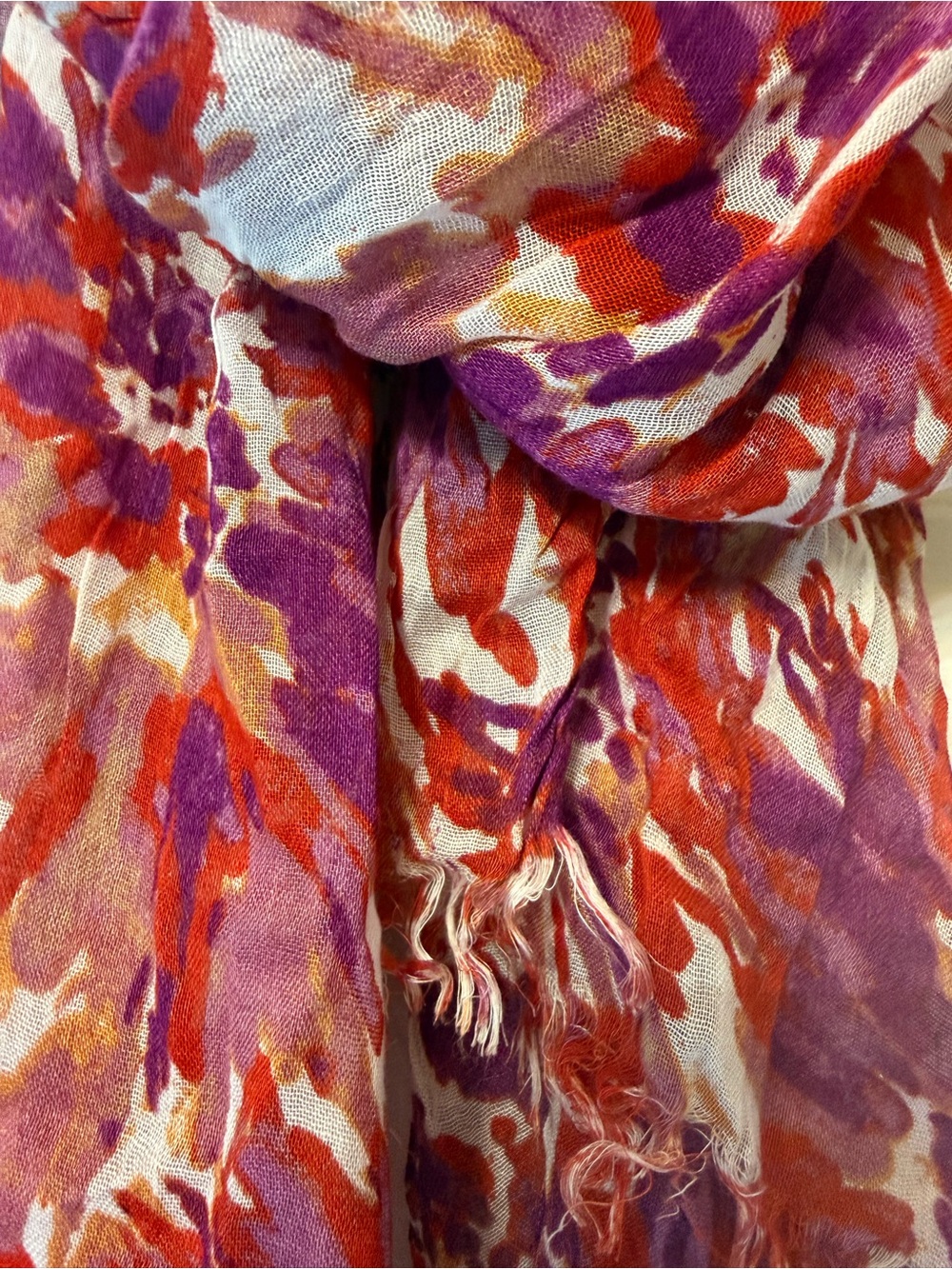 Vibrant Abstract Print Lightweight Scarf — Red, Purple, White - Picture 2 of 5